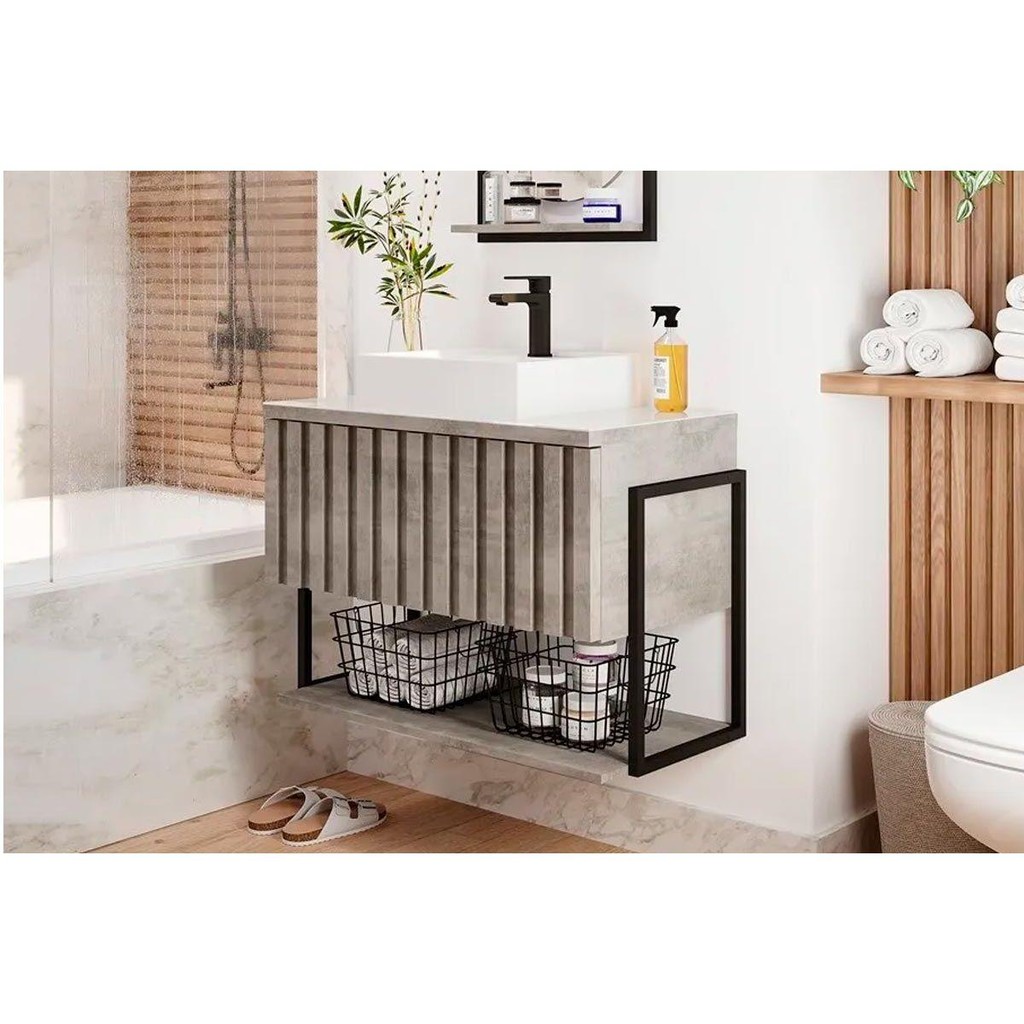 Gabinete de Banheiro Balcão Suspenso Frisê Havaí Ripado 1Pta Basculante c/Cuba e Tampo Vidro 60 cm Cimento - MGM em Oferta na Shopee