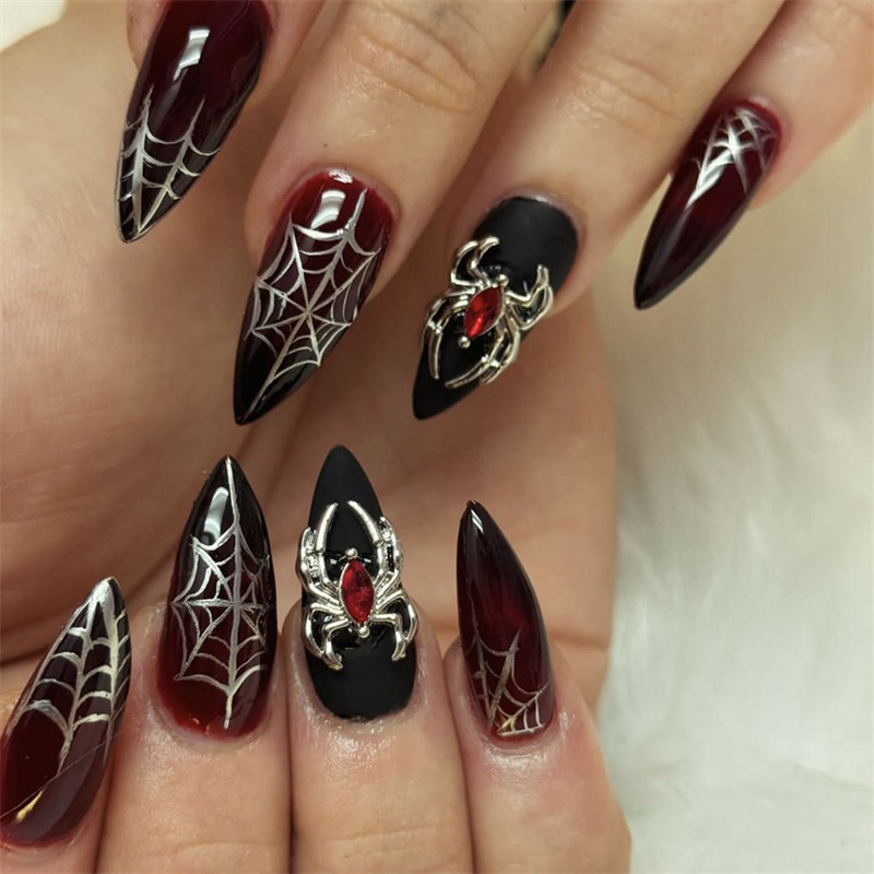 Unhas Falsas Arte De Halloween Sangue Aranha Pontiagudas Tubo De Água Escuras Com Cola KOUDAN