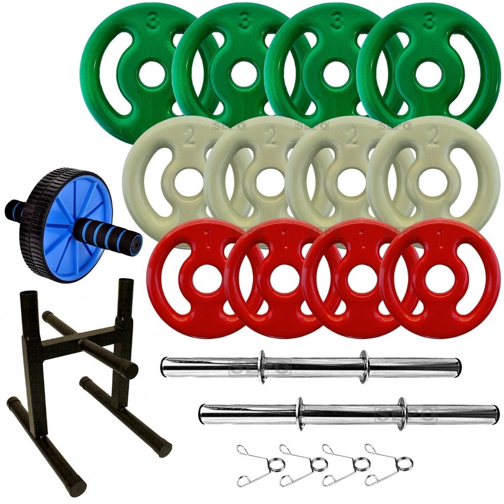 Kit 24Kg Anilhas Emborrachadas com Barras 40cm + Roda Abdominal + Suporte Junior