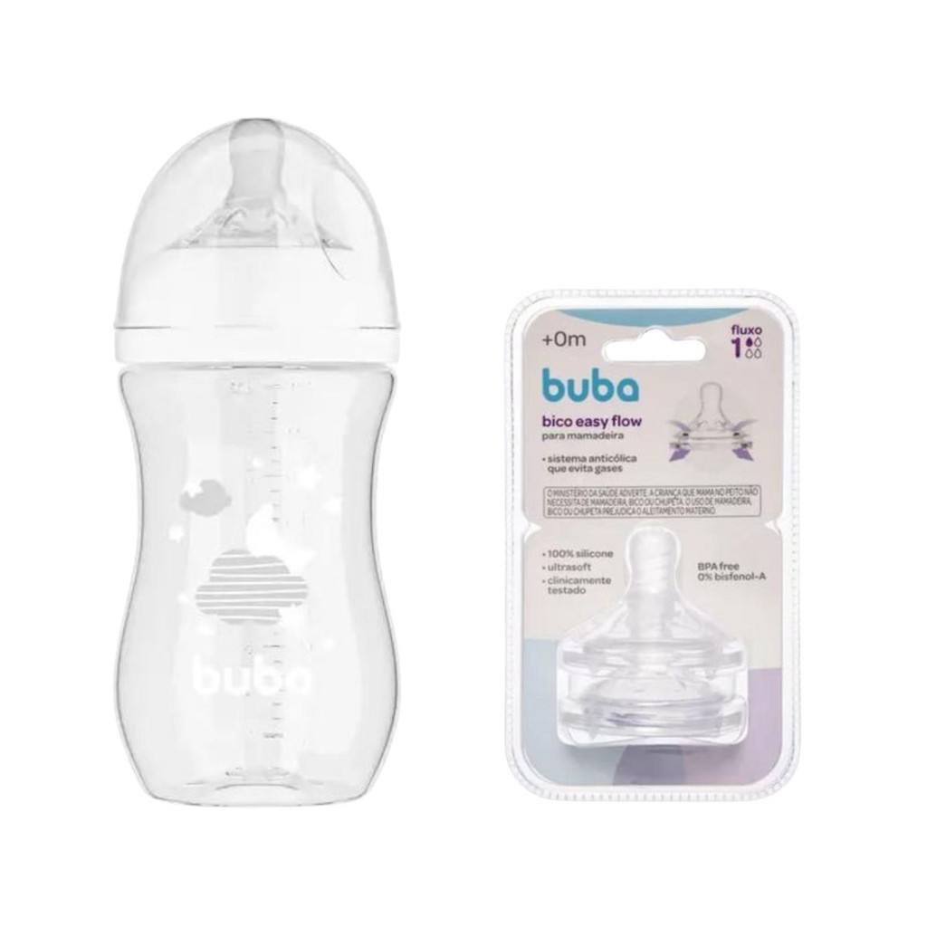 Mamadeira Easy Flow Branca 330ml + 2 Bicos Fluxo 1 - Buba em Oferta na Shopee