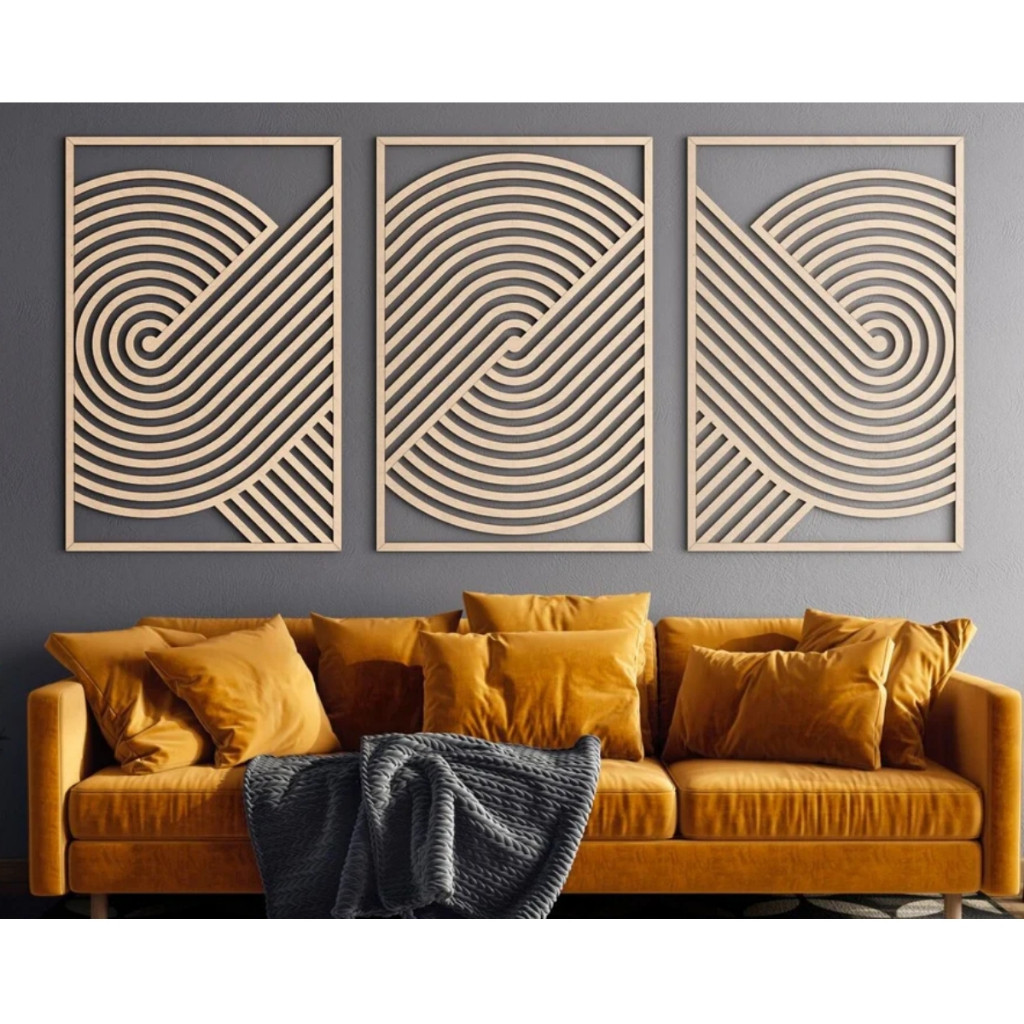 Conjunto 3 Quadros Moldura Redondo Abstrato Geométrico Moderno em MDF 3mm Cru 80cm x 40 cm