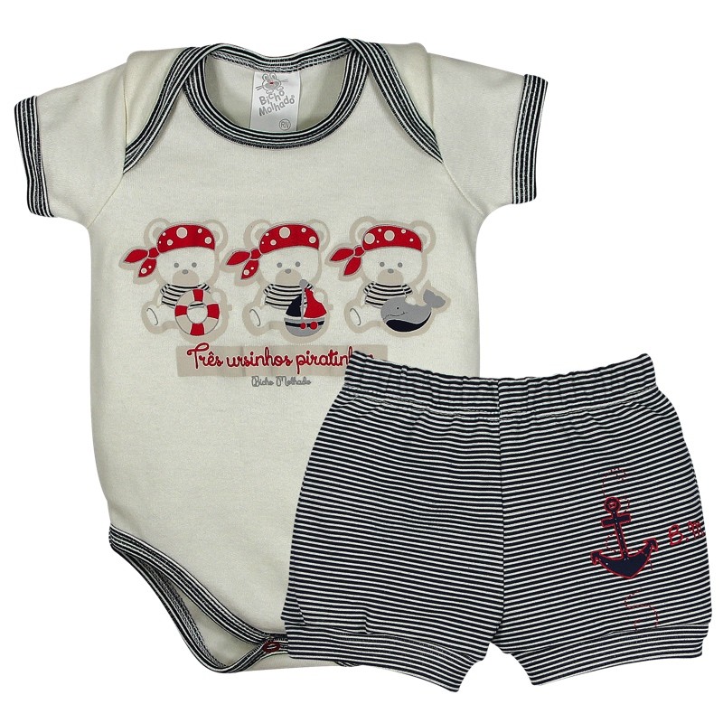 Conjunto Body Suedine Manga Curta Estampa Ursinhos Pirata + Shortes Estampa Ancora