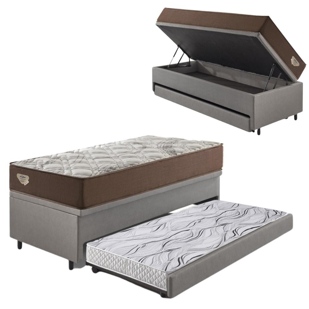 Bicama Box Baú com Courino Linho Cinza 96x203 com Colchão Relax Adorabile Molas Ensacadas Ecoflex