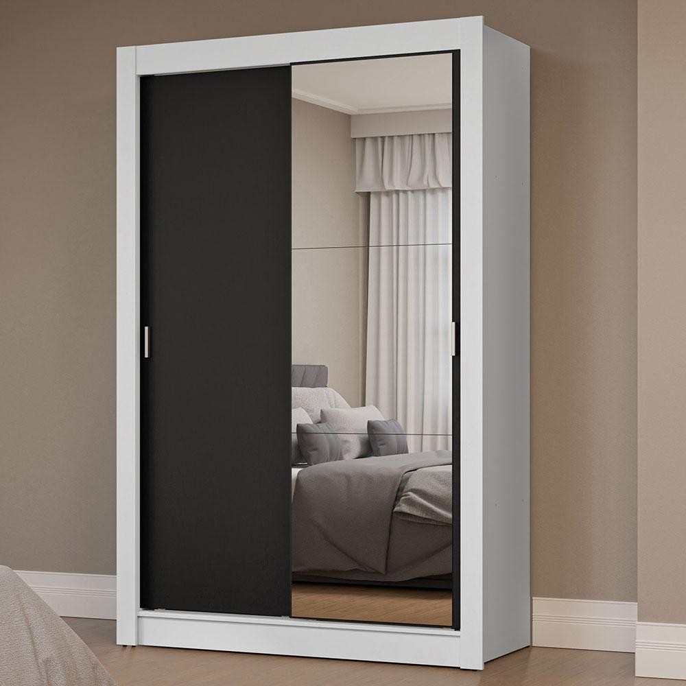 Guarda-Roupa Solteiro 2 Portas de Correr com Espelho Branco/Preto Milano Madesa