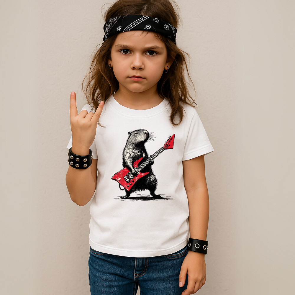 Camiseta Infantil Unissex Estampada Capivara Rock 034 Blusa Despojada Estilosa Gola Redonda Algodão