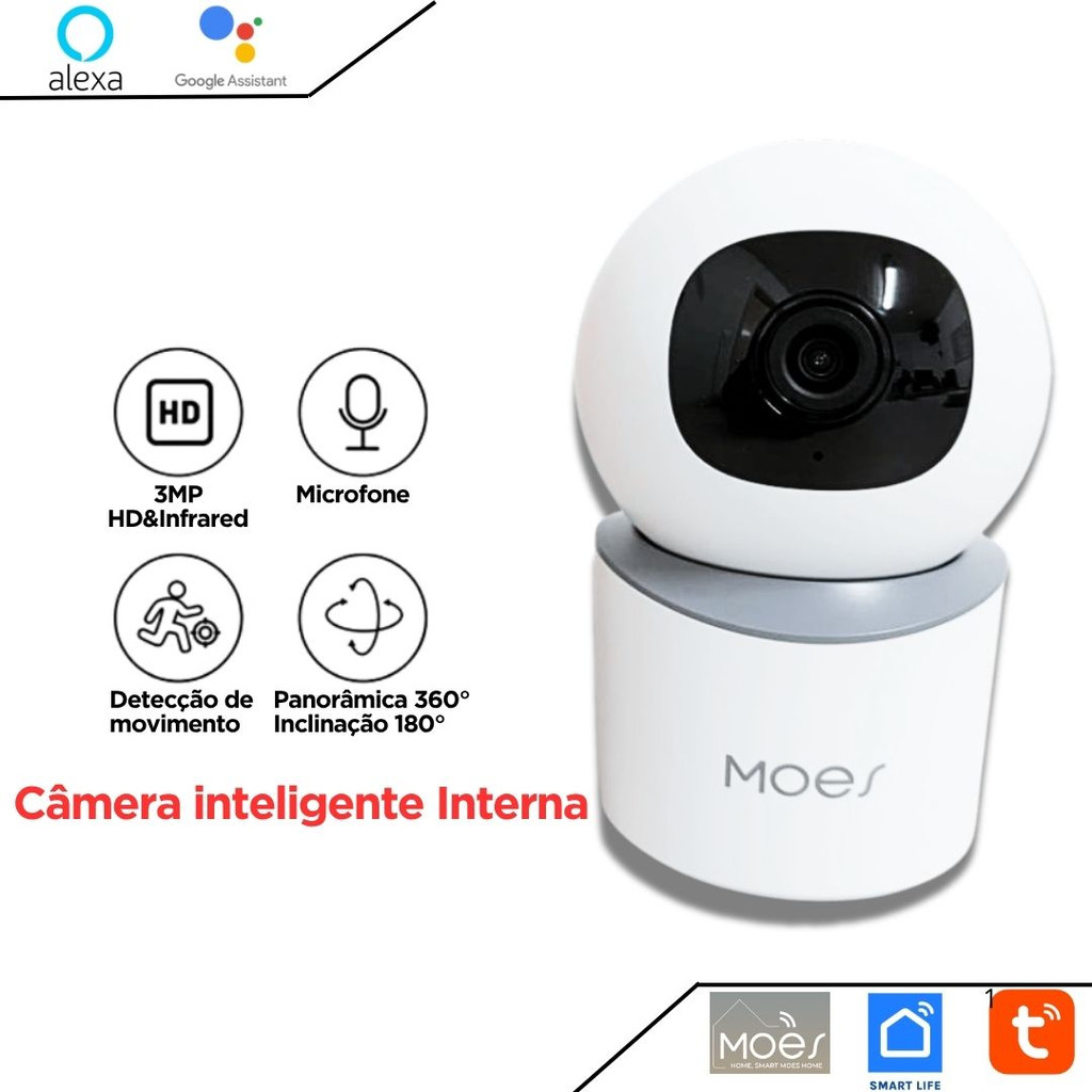 Câmera Wi-Fi Smart HD 3mp Áudio, Giro 360°, Compatível Assistente Alexa, Google e App Tuya