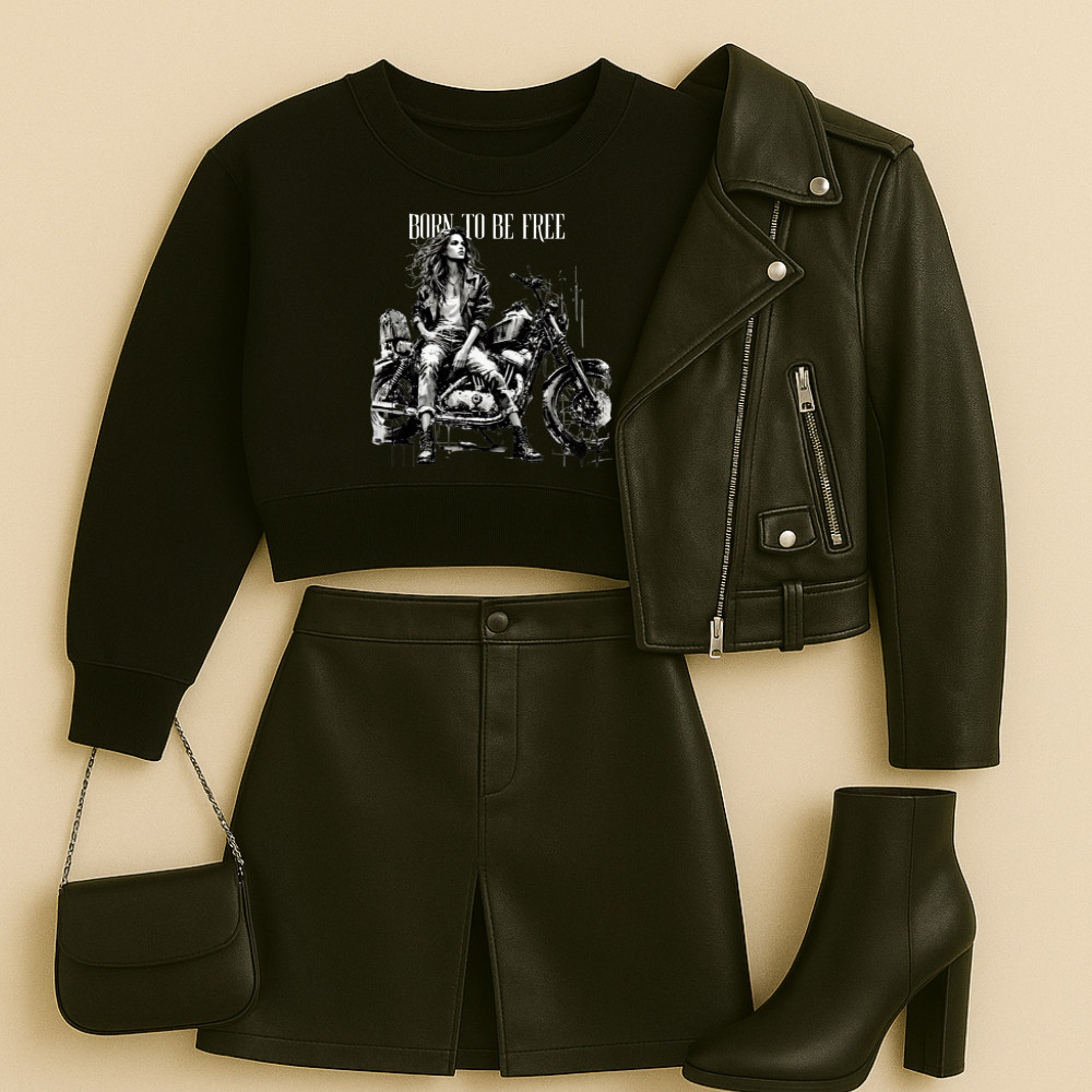 Cropped Moletom Rock Estampa Born To Be Free 033 Modinha Tecido Flanelado Macio Manga Longa