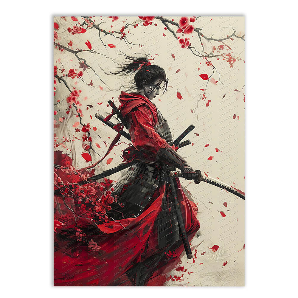 Placa Decorativa Mulher Samurai Sacando Espada Katana Pétalas Vermelhas Decoração Poster Quarto Sala