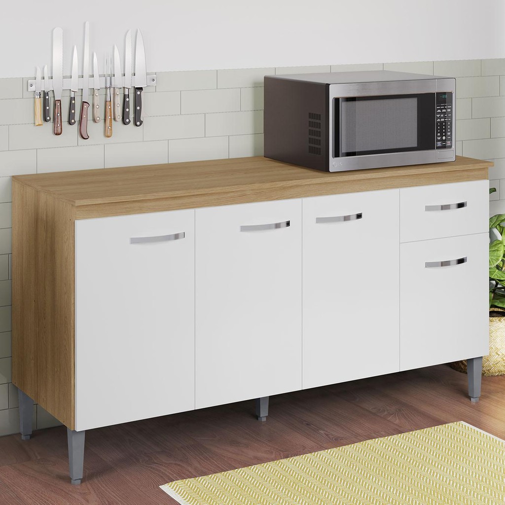 Balcão de Cozinha com Tampo 150cm Gabriela Amêndoa/Branco   - AJL Móveis em Oferta na Shopee