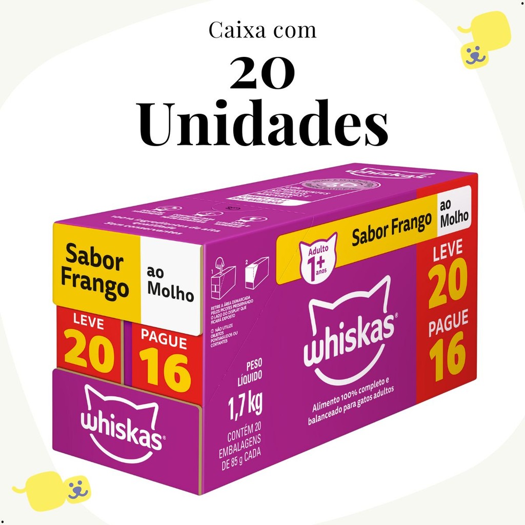 Kit 20 Unidades Sachê Whiskas 85g Gatos Adultos Alimento Úmido Sabor Frango Ração Sem Conservantes