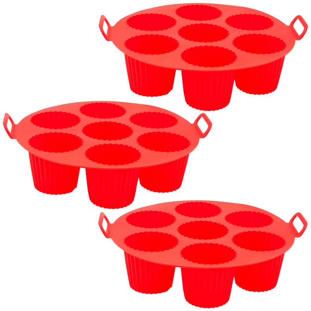 Kit 3 Formas de Silicone Para Air Fryer 7 Mini Bolos, Cupcakes e Muffins