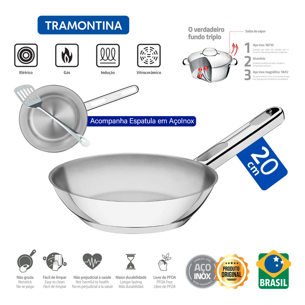 Frigideira Inox de Indução Tramontina Allegra 20cm Fundo Triplo com Espátula em Aço Inox - Home & Living