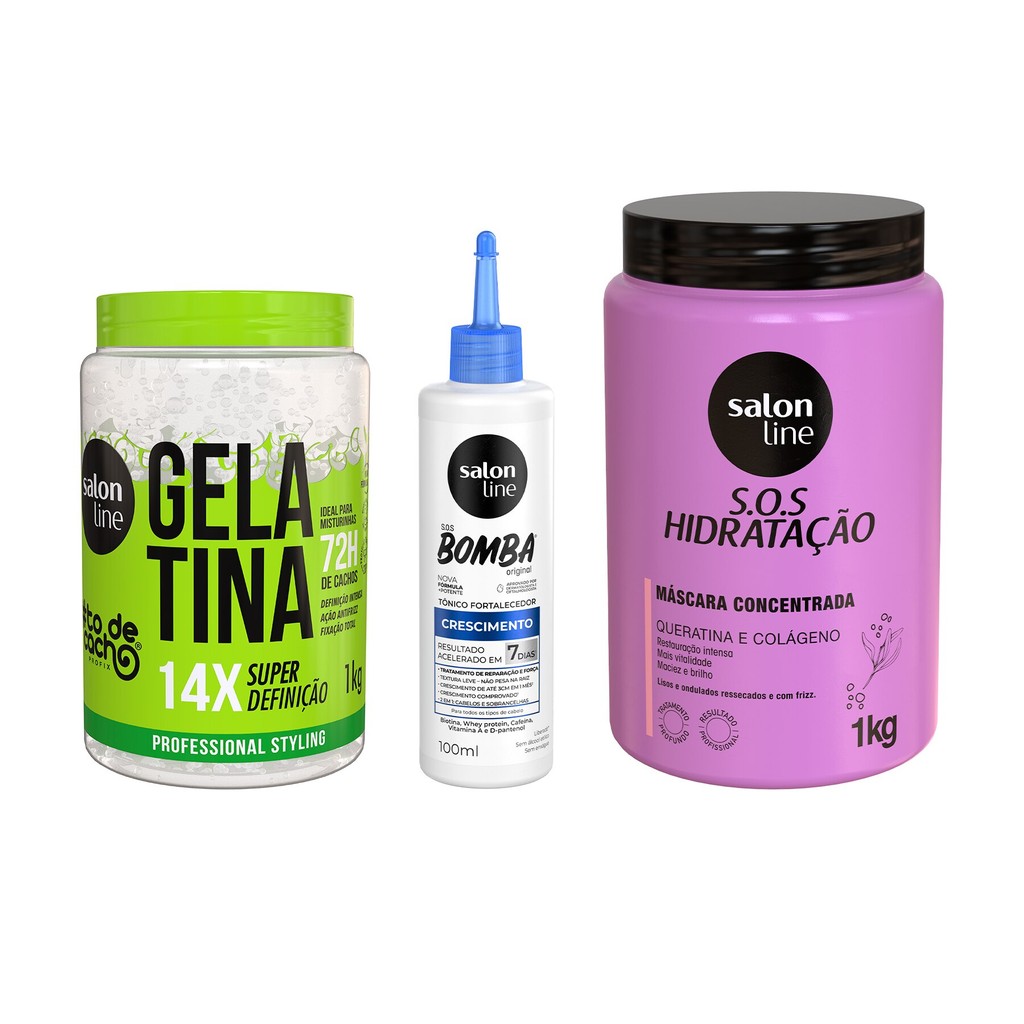 Kit com Gelatina Super Definição + Tônico Fortalecedor + Máscara Bio-Reconstrução Salon Line - Beauty