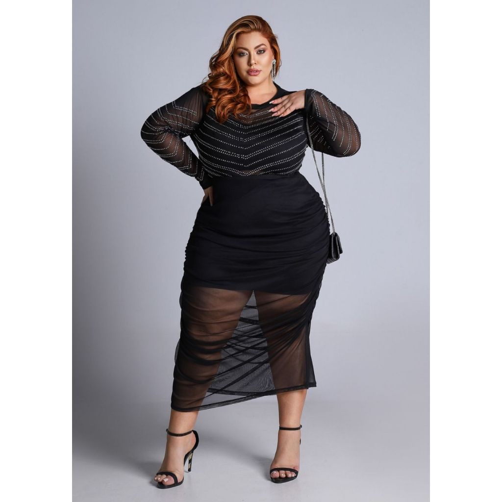 Conjunto Plus Size Saia longa e Body tule Pedraria Plus Size