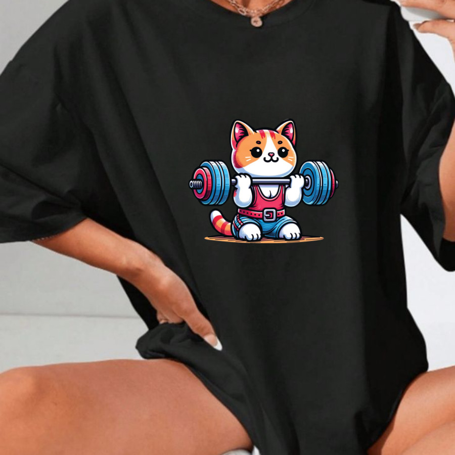Tshirt Academia Feminina Estilosa Estampada Gato Fit Lançamento Camiseta 100% Algodão Camisa Oversized Plus Size