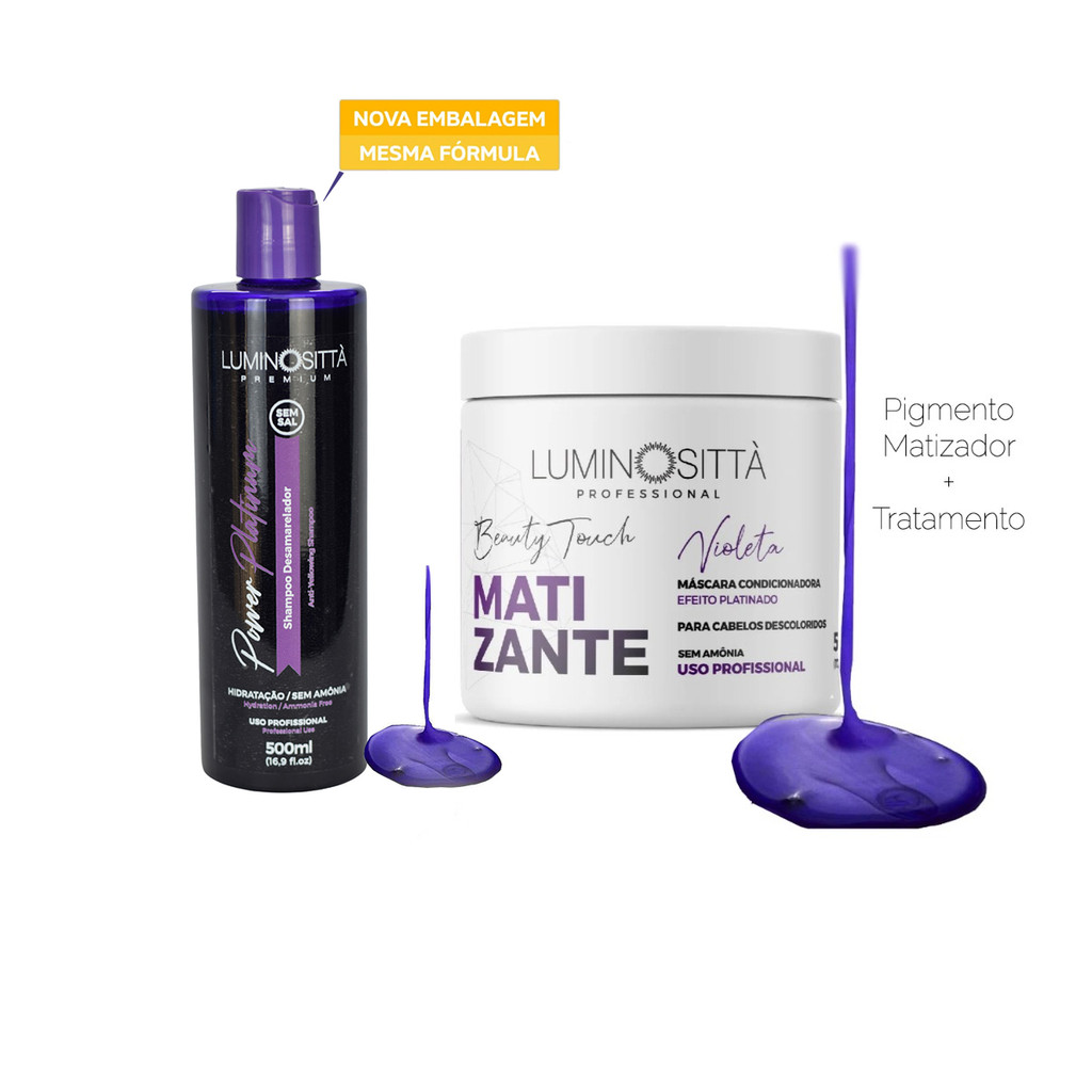 Kit Matizador Desamarelador 2 minutos Ação Efeito rápido Shampoo 500ml + Máscara 500gr Luminositta