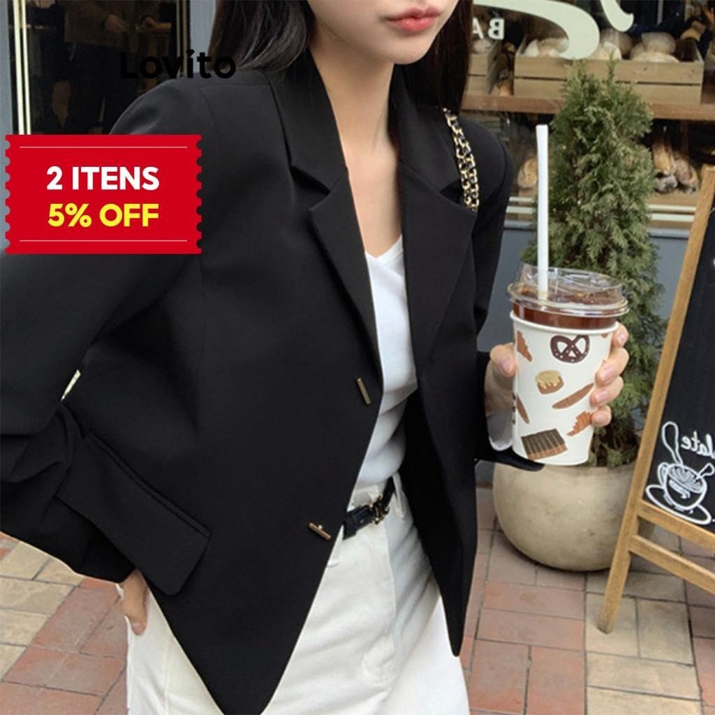 (Trendy) Lovito Blazer Casual Com Estrutura Lisa E Linha De Metal Para Mulheres LAD106019 em Oferta na Shopee