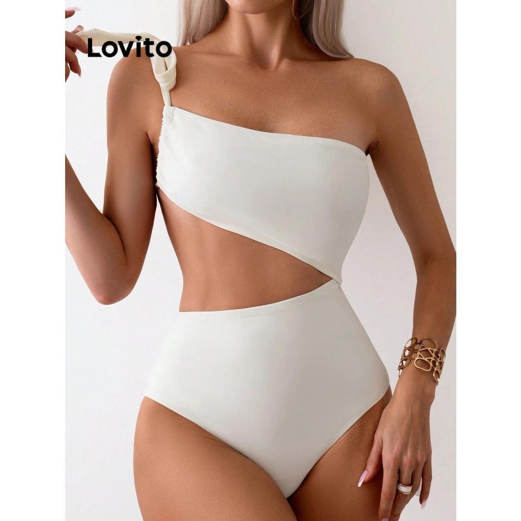 (Trendy) Lovito Sexy Plain Cut Out Lace Up One-pieces para mulheres LNL79235 - Sports & Outdoors