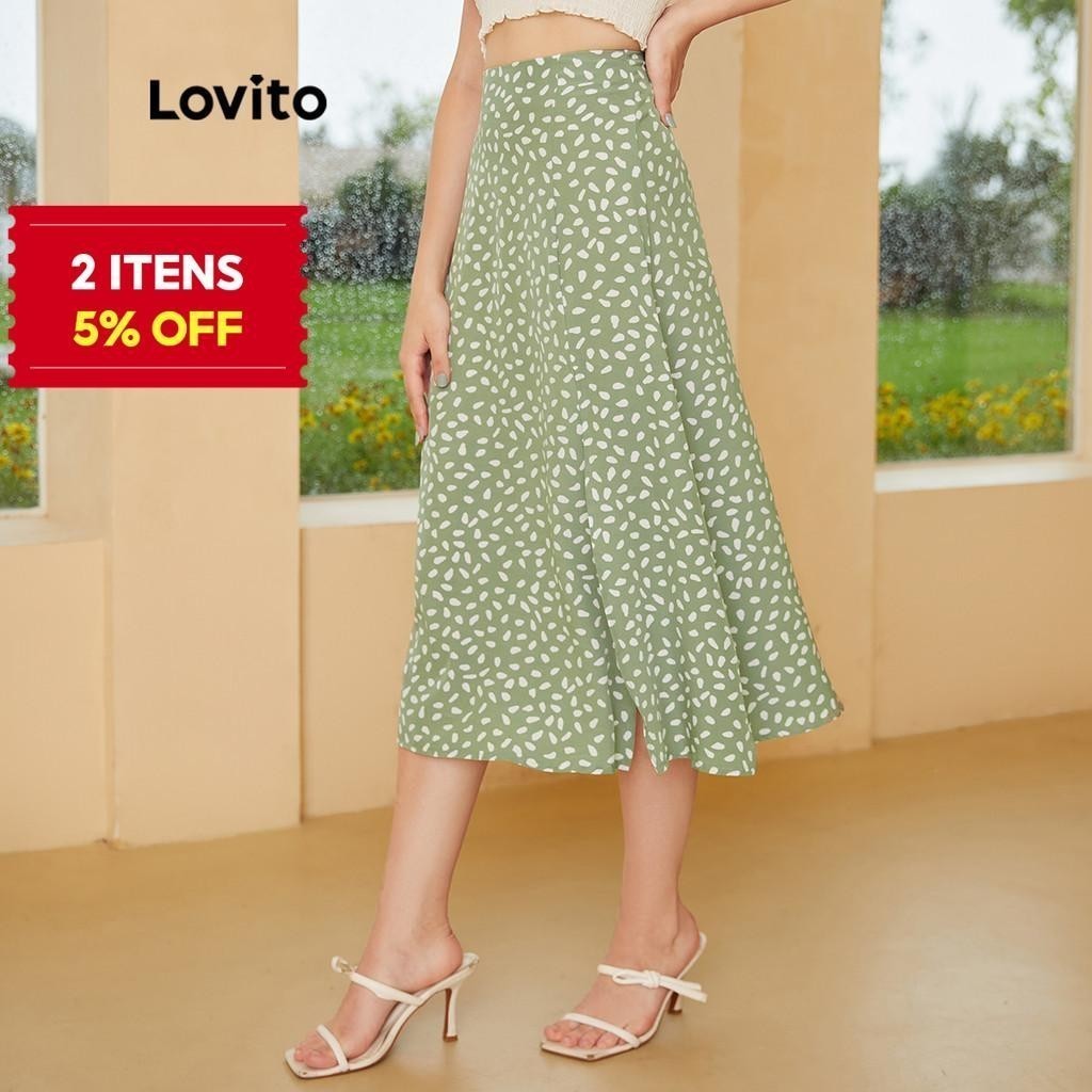 (Trendy) Lovito Saias Boho Floral Split Vestido De Baile Saias Com Zíper Para Mulheres L24ED146 (Verde) em Oferta na Shopee