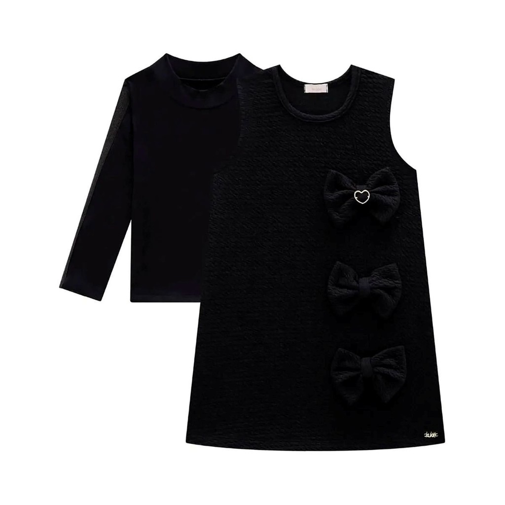 Vestido Preto Infantil Menina em Jacquard e Blusa em cotton Manga comprida-KUKIÊ