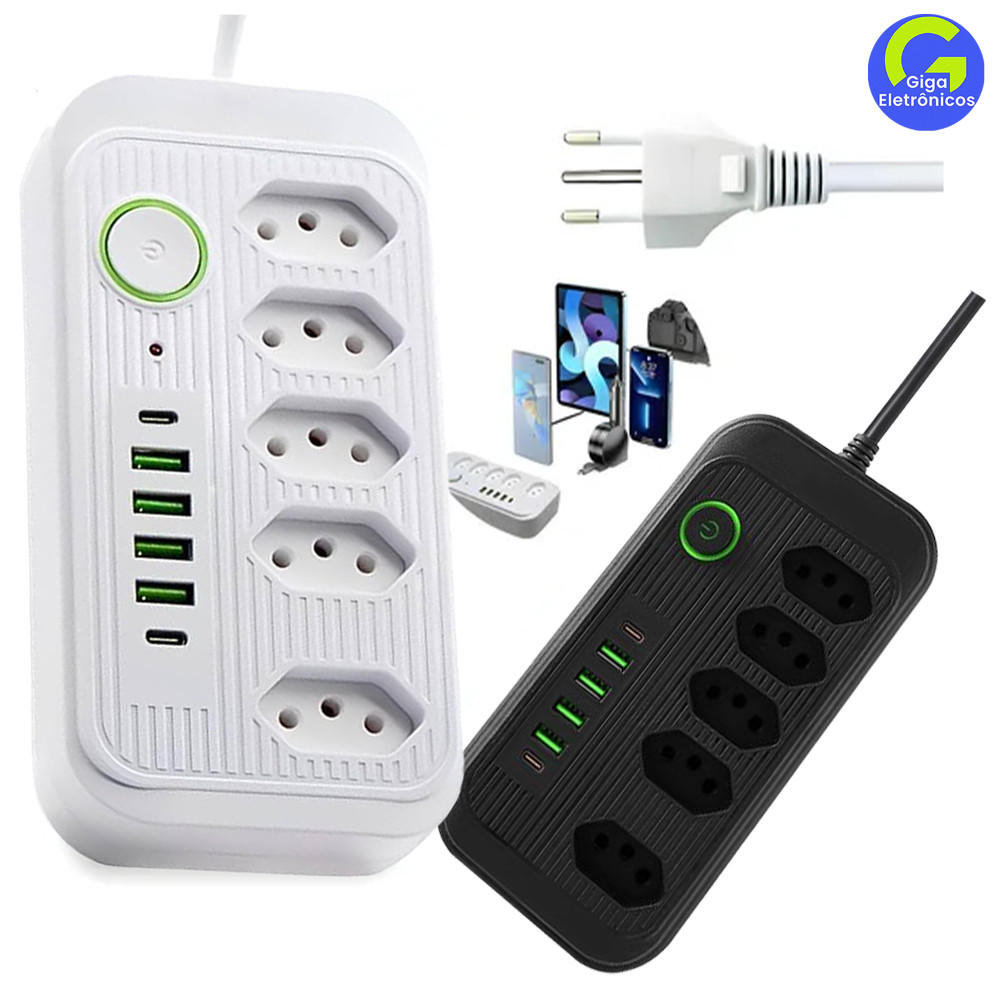 Extensão Bivolt: 5 Tomadas com Filtro Segurança, 4 USB e USB Tipo C，Cabo Energila casa