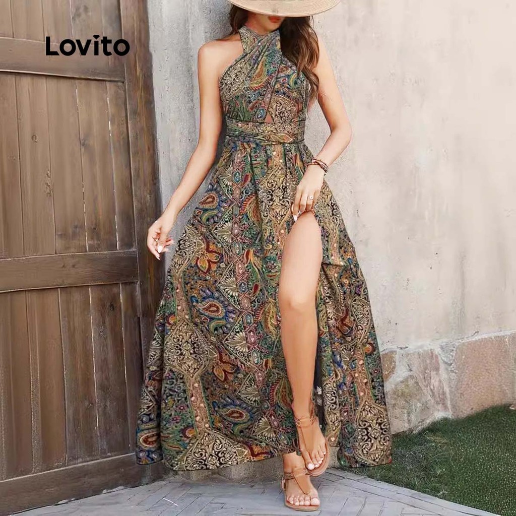 Lovito Vestido Boêmio Sexy com Estampa Tribal e Fendas, Vestido de Verão/Primavera para Mulheres LMD81103