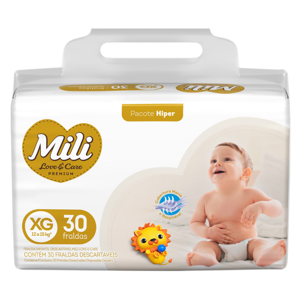 Fralda Infantil Mili Love e Care Premium Hiper Tamanho XG com 30 Unidades Descartáveis - Mom & Baby