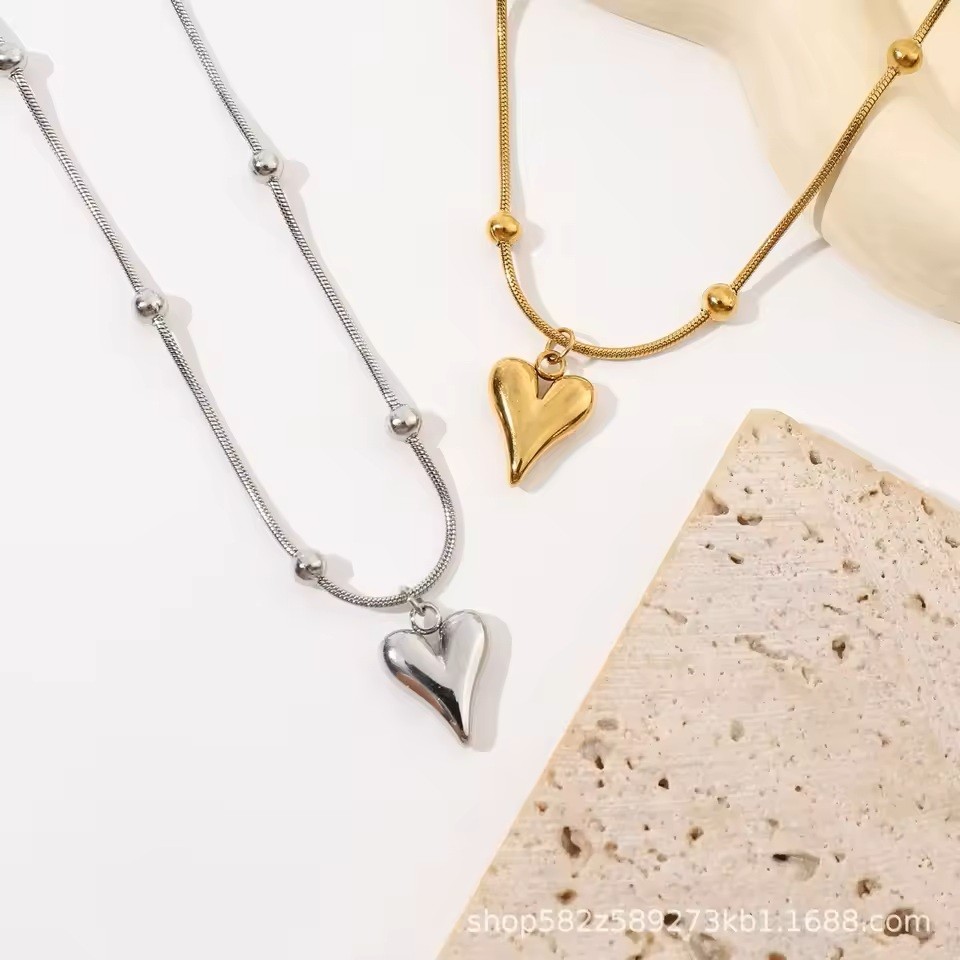 Colar Feminino Bolinha com Pinguente Coração - Aço Inoxidável Prata/Dourado