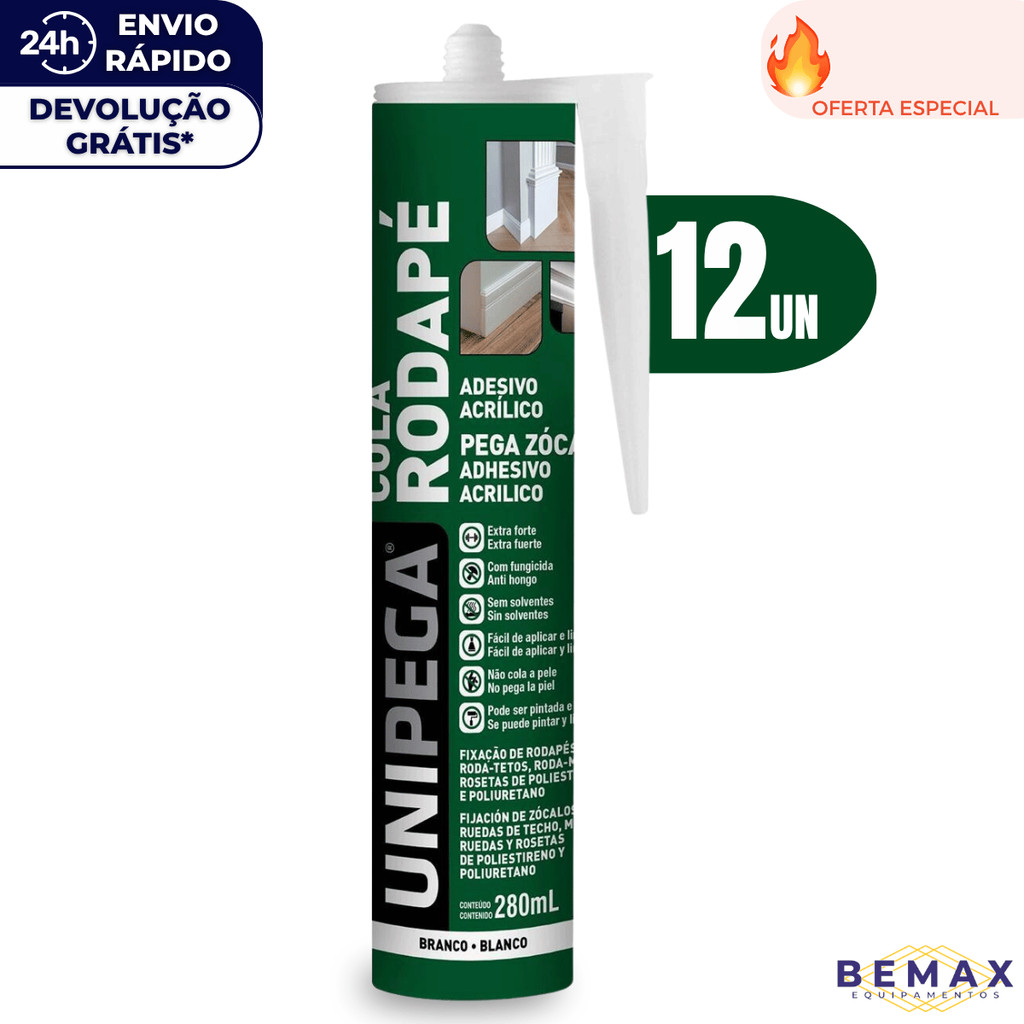 Kit 12 Cola Rodapé Gesso Sanca Roda Teto Madeira Adesivo Pintavel Cola Extra Forte Fungicida 476g