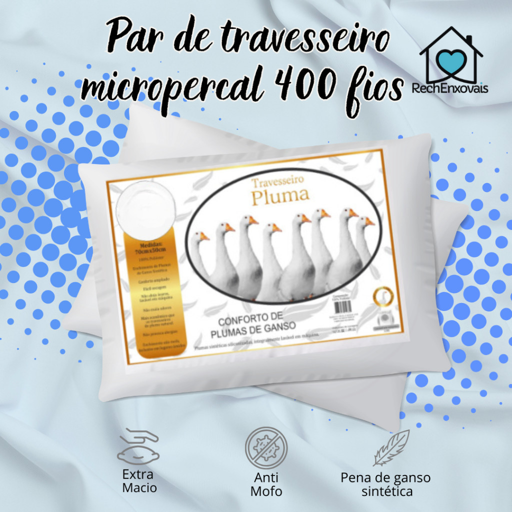 KIT Com 02 Travesseiros Penas e Plumas de Ganso MicroPercal 400 FIOS - MACIO E CONFORTÁVEL 70x50