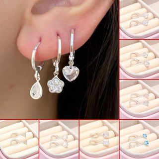 Brincos de prata 925 com pingentes em formato de coração, lágrima, redondo, flor, quadrado e triângulo em Oferta na Shopee