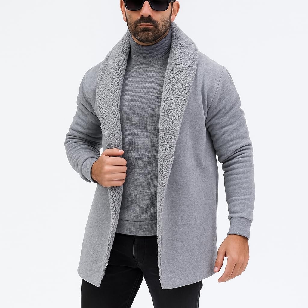 Casaco Masculino com Forro de Sherpa, Cinza, Gola Alta, Estilo Casual