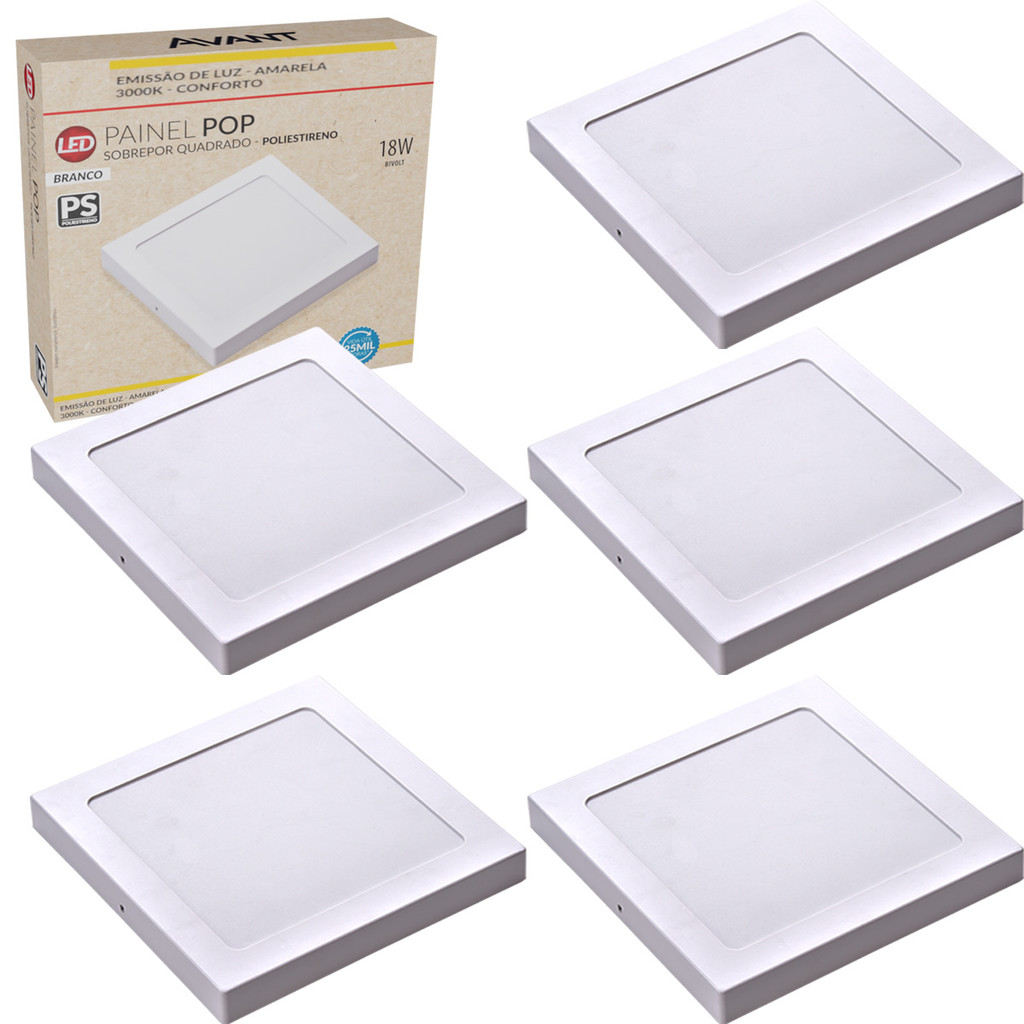 Kit 5 Luminária Painel Plafon 18W Sobrepor Quadrado Luz Branco Quente 3000K Bivolt 127v 220v em Oferta na Shopee