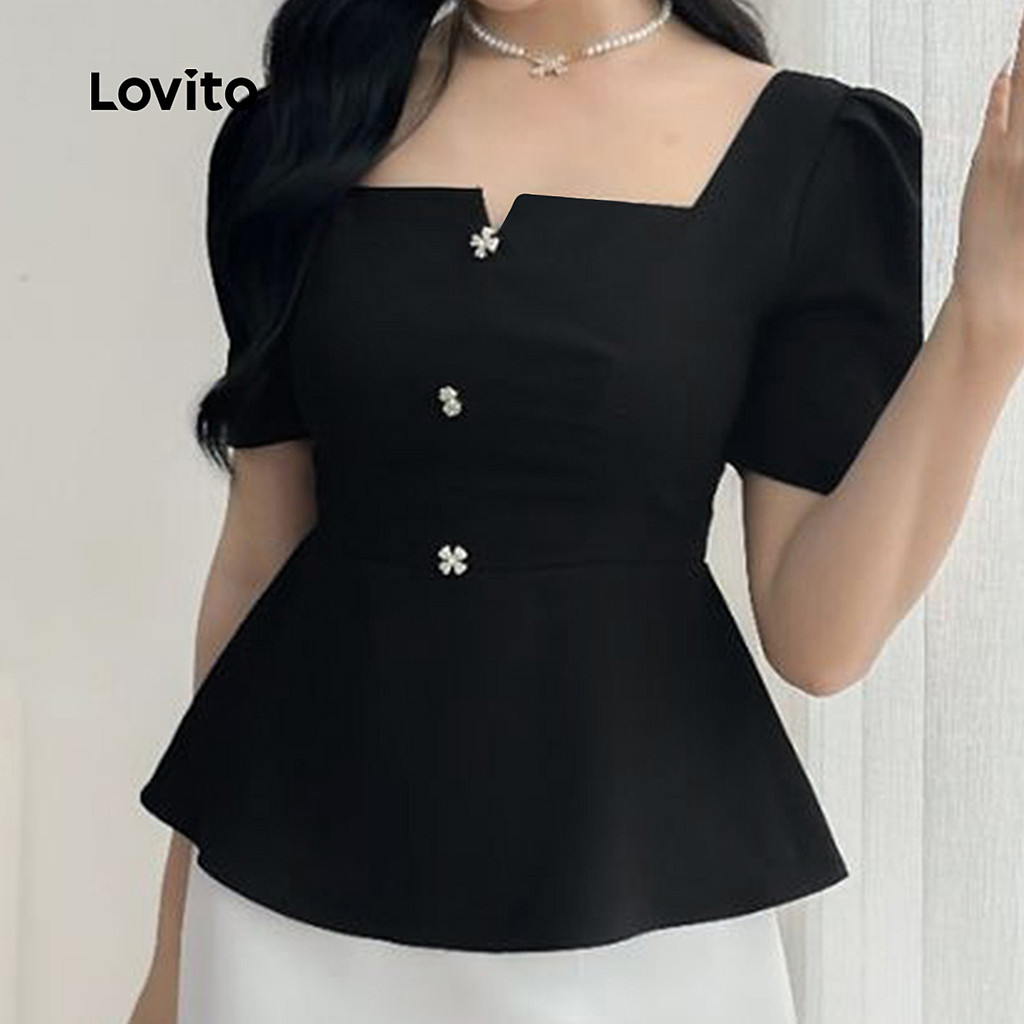 Detalhes do Lovito Blusa Elegante de Pérolas com Espinhos Primavera/verão Blusa Preta para Mulheres L143ED366