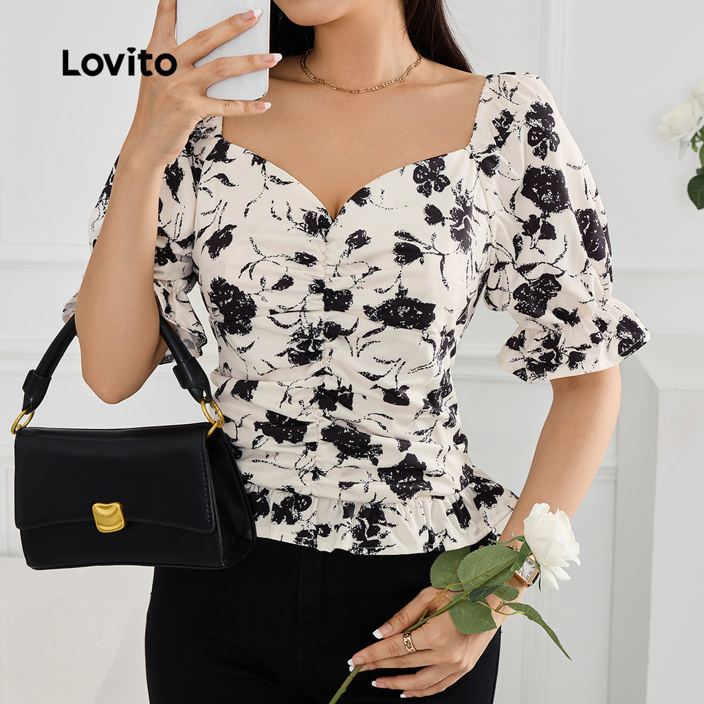 Detalhes do Lovito Blusa Casual com Franzido e Zíper Textura Boa Primavera/verão Blusa Preta e branca LBL26349