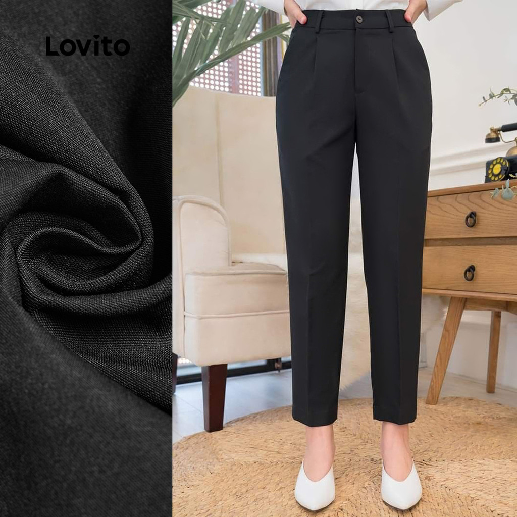 (New) Lovito Calças Elegantes com Botão  Zíper  Primavera/verão  Calças Pretas para Mulheres L142LD264 em Oferta na Shopee