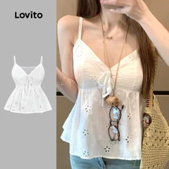 (Férias) Lovito Blusa com Estrutura Lacinho Broderie com Ilhós Primavera/verão Branca para Mulheres L143ED079