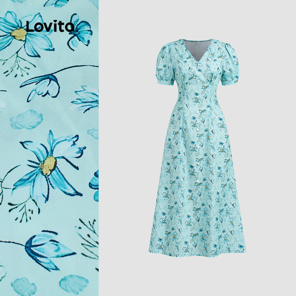 (New) Lovito Vestido Elegante com Botões Na Frente Primavera/verão Vestido Azul para mulheres L142LD592 em Oferta na Shopee