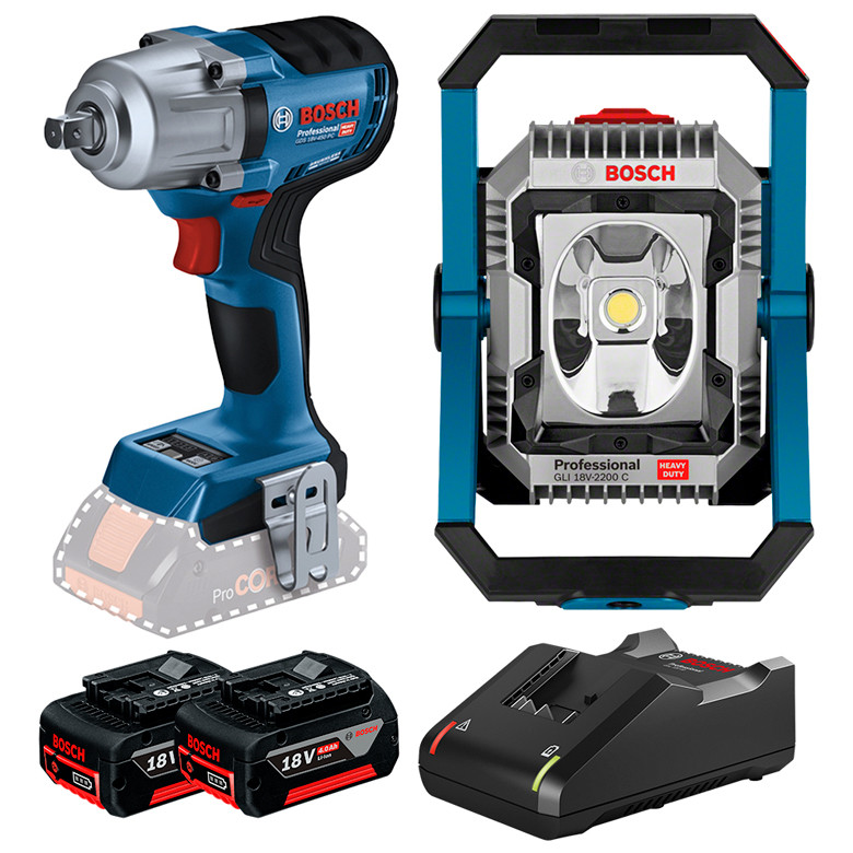 Kit Chave Impacto 1/2" GDS 18V-450 PC + Refletor 2200 Lúmens GLI 18V-2200 C + 2 Bateria 4Ah + Carregador Rápido Bosch