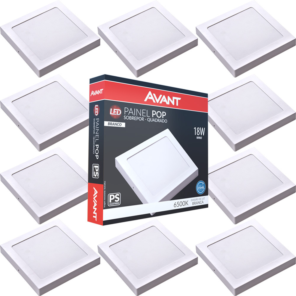 10 Painel Led Sobrepor Quadrado Luz Branca 6500W 18w Bivolt Avant