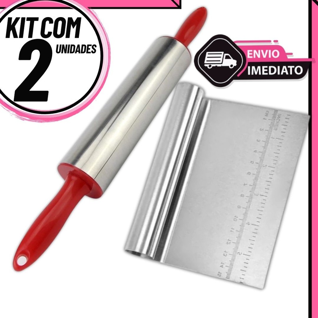 Kit Confeitaria Rolo de Massa + Raspador Espátula Tubular Cortador | Cozinha, Pastel, Bolo, Inox