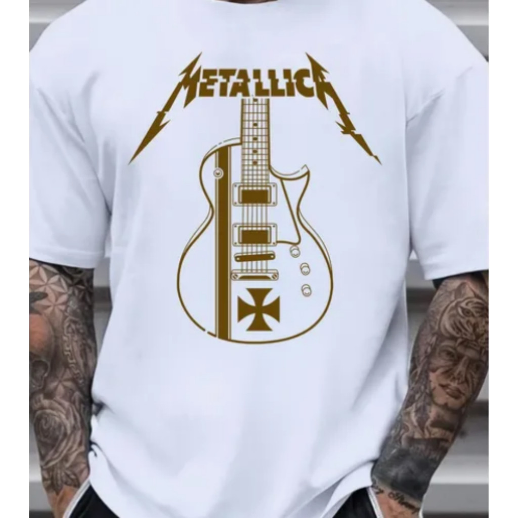 Camiseta 100 % Algodão Masculina Vintage Rock Guitarra Metallica Banda Streetwear Oversized em Oferta na Shopee