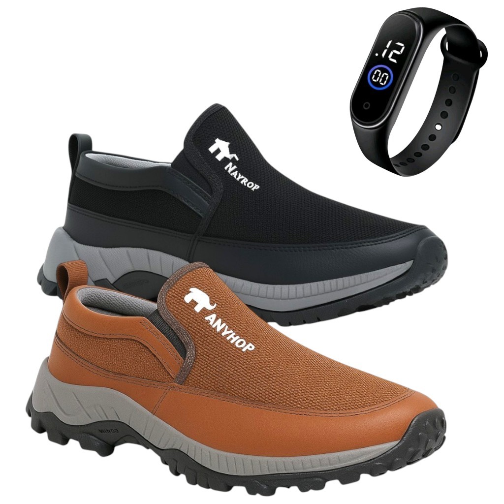Kit 2 Pares Tênis Masculino Slip On Sapatilha Confortável Leve Antiderrapante Casual + Relógio Digital Esportivo Unissex