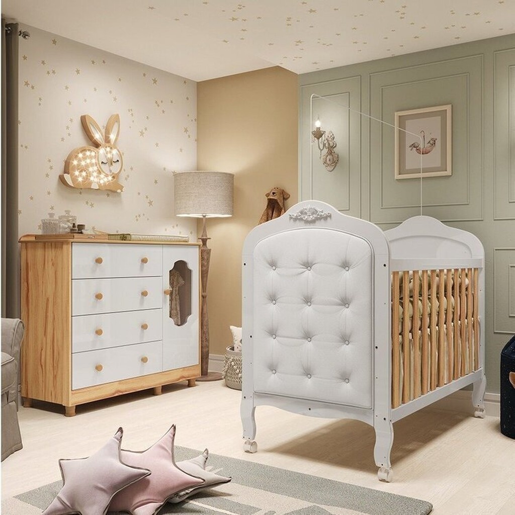 Quarto de Bebê Berço com Capitonê e Cômoda 4 Gavetas 100% Mdf Maya Provençal Espresso Móveis Branco - Mom & Baby