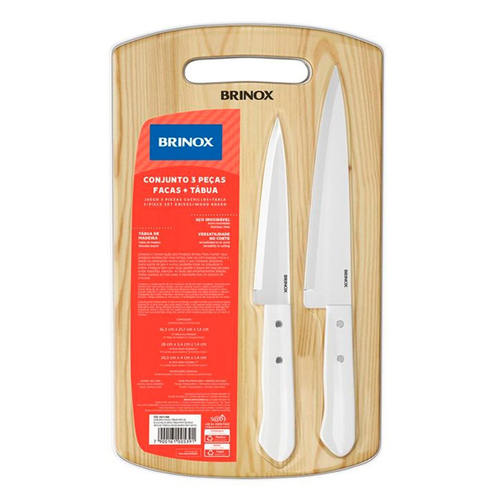 Jogo de Facas Cozinha Inox Kit 3 Peças Conjunto Completo c/ Tabua de Corte Brinox em Oferta na Shopee