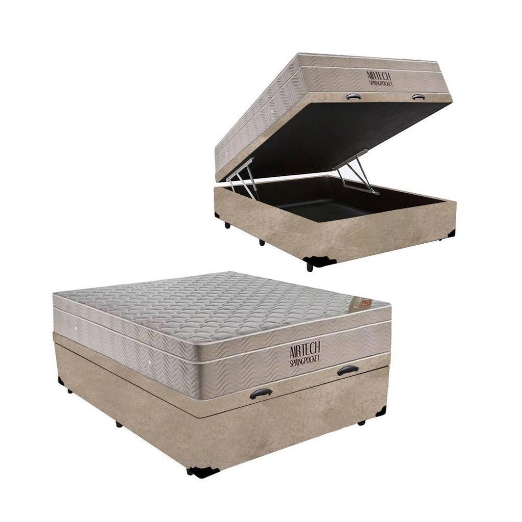 Cama Box Baú + Colchão Viúva Molas Ensacadas Airtech 128cm Bege - Suporta até 150 Kg Por Pessoa - Home & Living