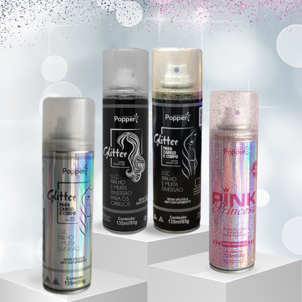 Spray Glitter Popper Para Cabelo, Roupa e Corpo 135ml - Escolha a Cor em Oferta na Shopee