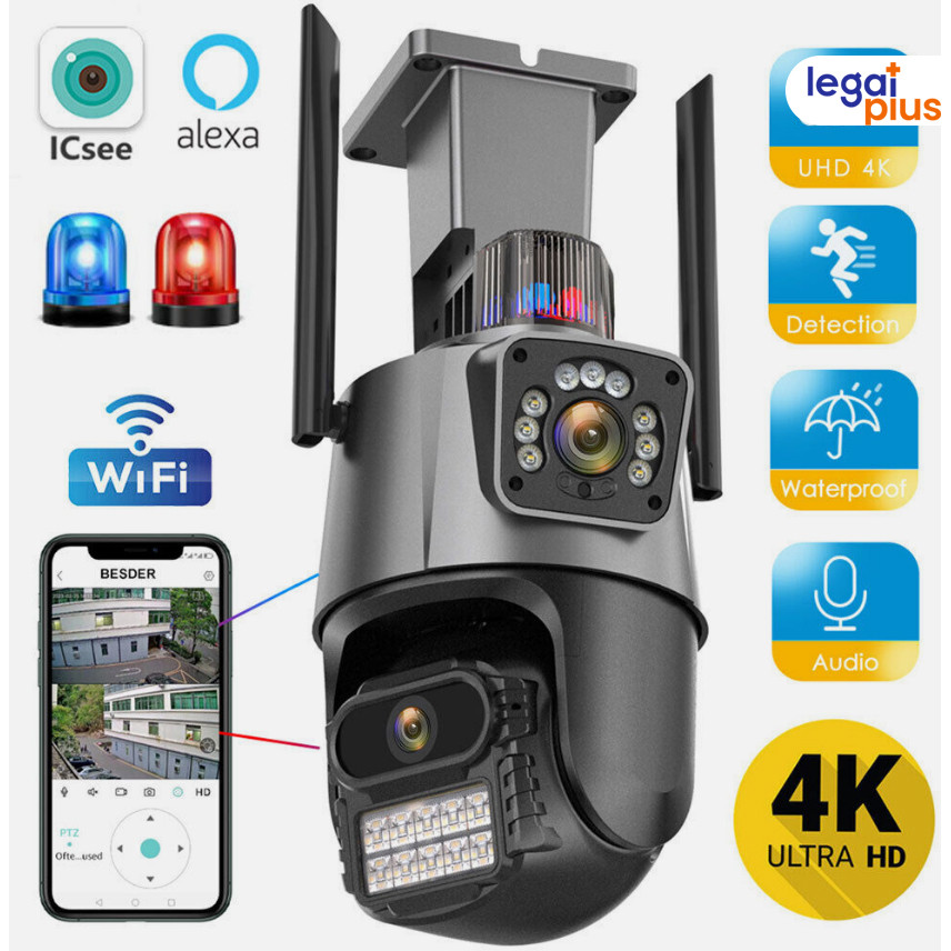 Câmera de segurança externa com lente dupla, resolução 4K e 6MP, com sirene policia