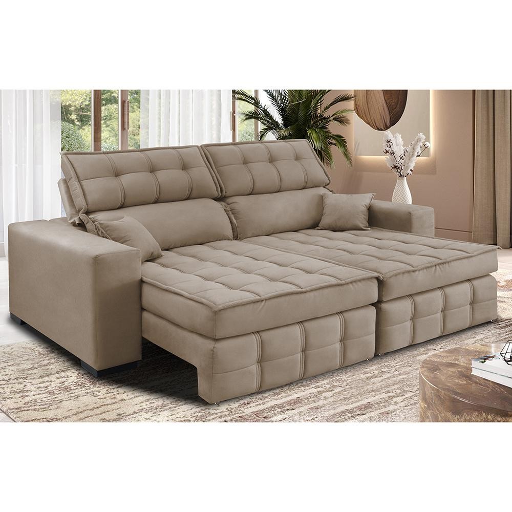 Sofá Retrátil e Reclinável 2,00m Molas Ensacadas e Costura Tripla Cama inBox Nobre Suede Bege - Home & Living