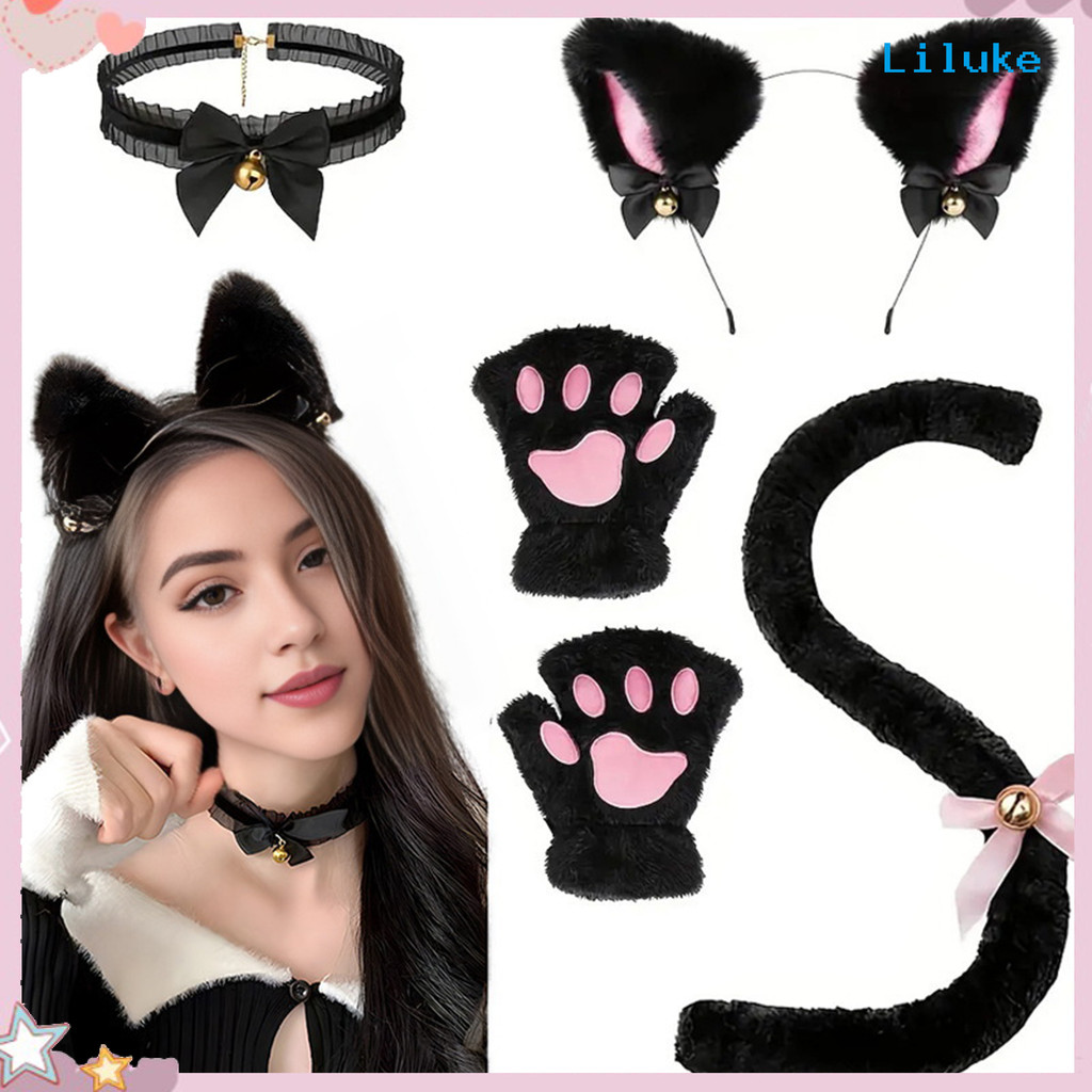 [LK] 4 Pçs/Set Fantasia De Gato Conjunto De Acessórios De Cosplay Material De Pelúcia Orelha Tiara Sino Colar Garra Luvas Cauda